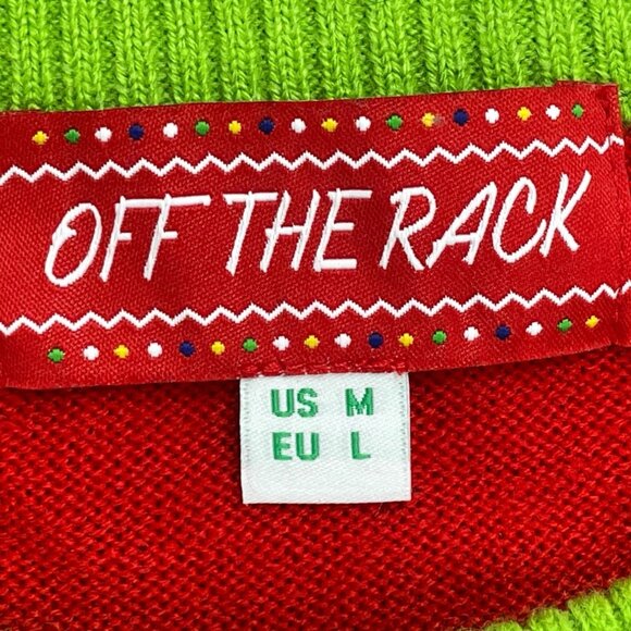Off The Rack Mens Red & Green Acrylic Ugly Christmas Elf Sweater W/ Bells Sz M - Picture 6 of 8